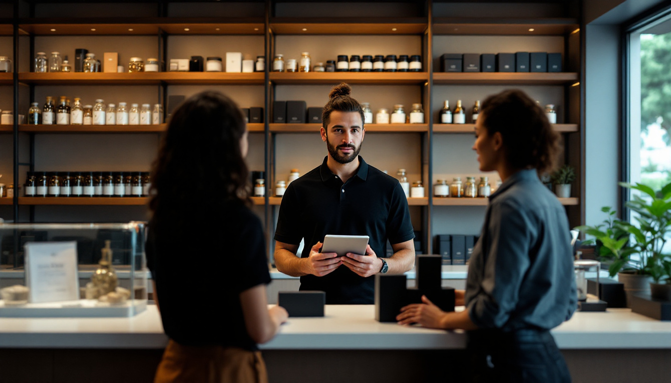 Staff member at a dispensary counter working on a tablet