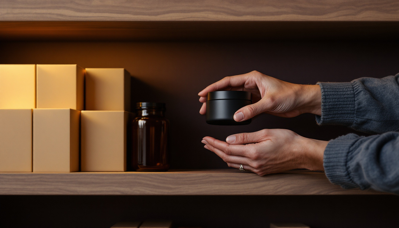 Hands restocking plain unbranded product on a retail shelf
