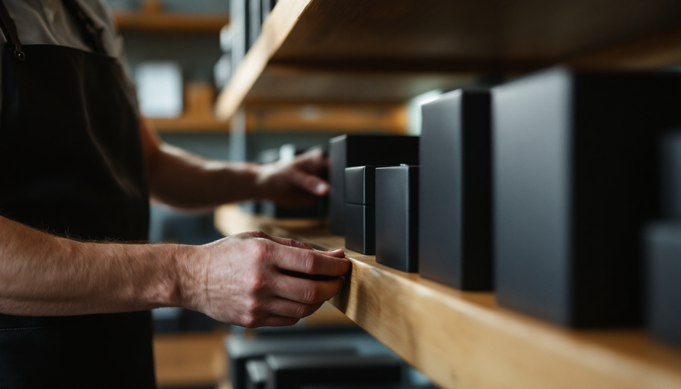 Merchandiser arranging plain unbranded boxes in a stockroom